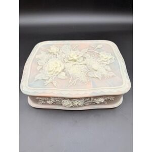 Vintage INCOLAY Pink Stone Flower Bouquet Jewelry Trinket Box